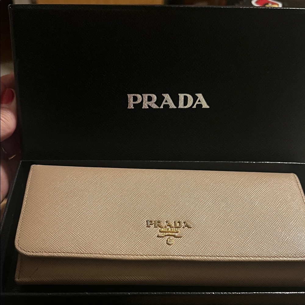 Prada Nude Leather Wallet with Gold Logo